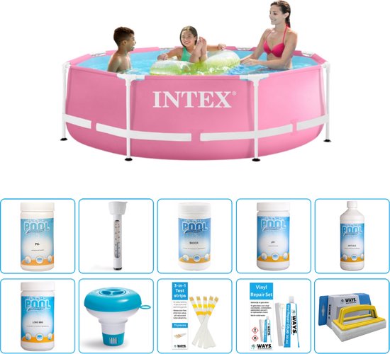 Piscine Intex Round Frame - 244 x 76 cm - Rose - Chlore inclus - Flotteur de chlore - Bandelettes de test - Kit de réparation - Brosse à récurer - Valeur du PH- Valeur du PH- Thermomètre - Algues - Chlore