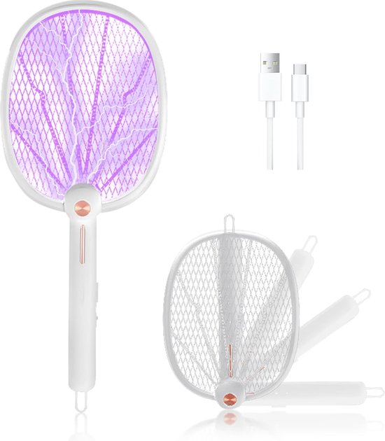 Elektrische Vliegenmepper, 4000V Extra Sterk Vliegenmepper Elektrisch, 2 in 1 USB Elektrische Muggenmepper met Oplaadbasis, Draagbare Muggenmepper En UV -Lamp Met Veilig Net(2 stuks