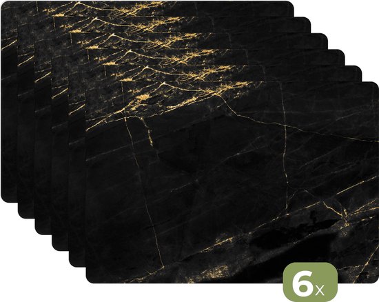 Placemat marmer - Marmerlook - Goud - Zwart - Luxe - Placemats - Placemat antislip - Onderleggers tafel - Tafelbeschermer - 45x30 cm - Keuken - Onderleggers borden - Grote placemat