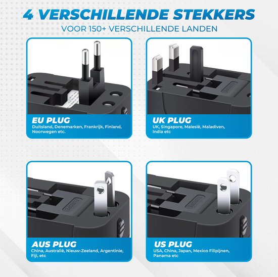 Universele wereldstekker - Reisstekker - Internationale Reisadapter - USB-C en USB-A - 150+ Landen - Amerika (USA) - Zuid Amerika - Engeland (UK) - Azië - Europa - Afrika - Wereldstekker lichtgewicht - Zwart