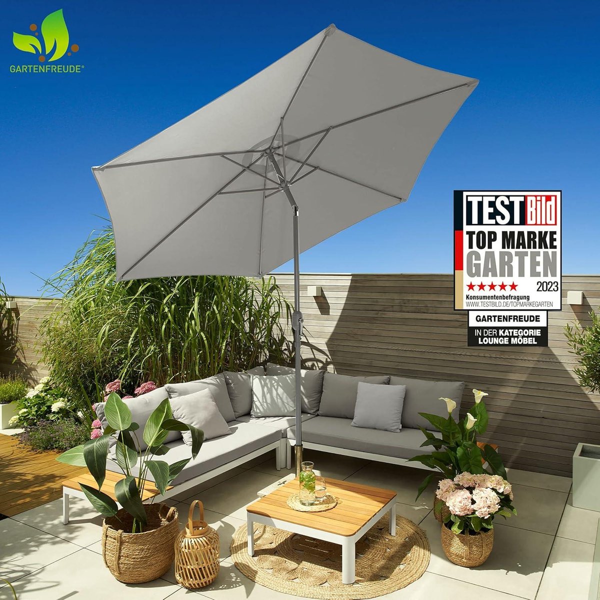 200 cm grey market umbrella with UV+50 protection, Merkloos brand, showing the parasol canopy and frame.