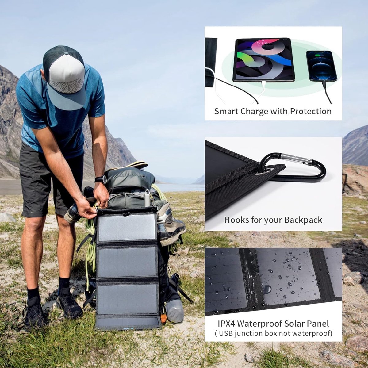 Draagbare zonnelader met dubbele USB karabijn zaklamp - 5000 mah
