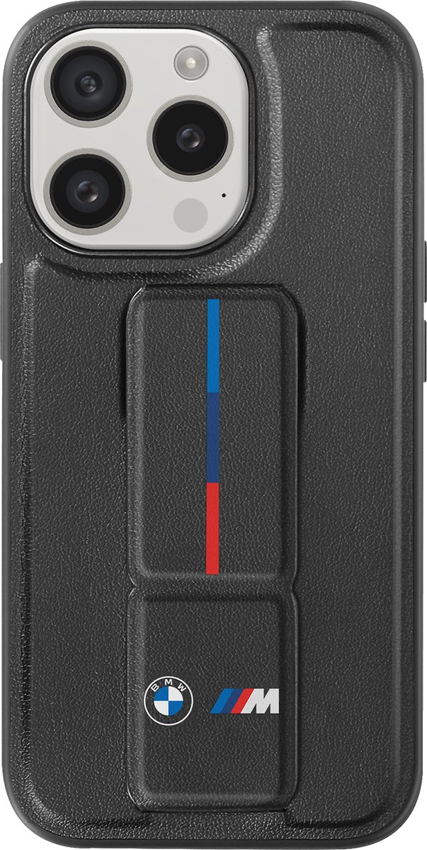 BMW M Tricolor Grip Stand Back Case - Geschikt voor Apple iPhone 15 Pro (6.1") - Zwart