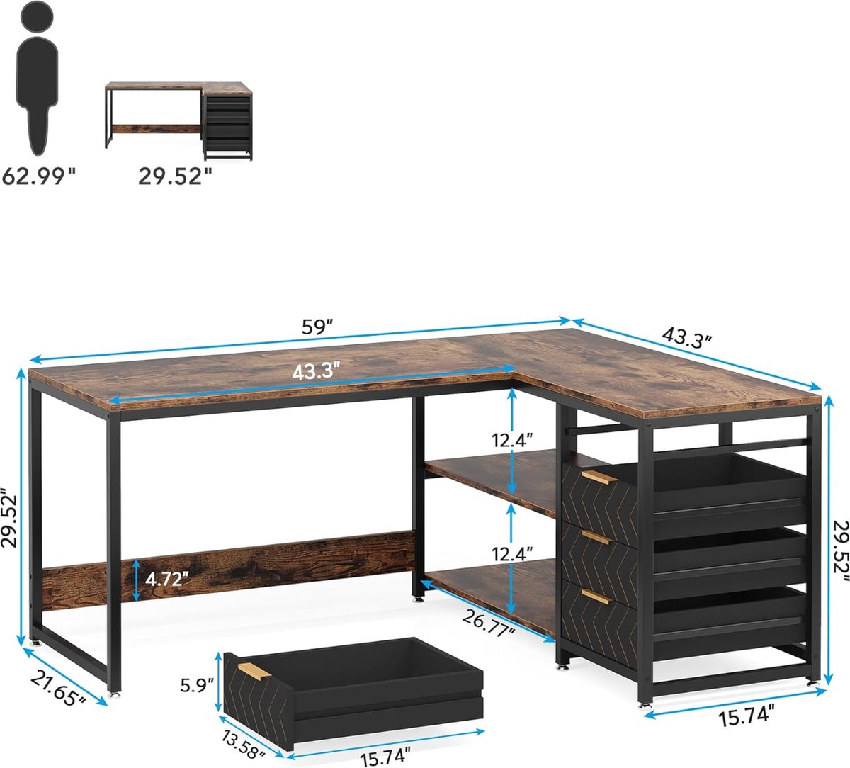 Tribesigns Bureau - L-Vormig Game Bureau met 4 Laden - 150 x 110 x 75cm - Bureau met Legplanken - Gaming Desk - Computer Tafel - Gaming Tafel - Bureau voor Gamen, Studeren en Werken - Zwart / Vintage Bruin thumbnail 2