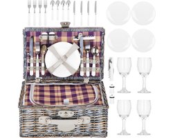 Springos Panier Pique-Nique - Services de table - 4 Personnes - Thermique - Osier - Grijs - 42 x 27 x 20 cm