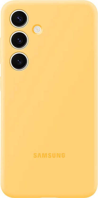 Gele Samsung siliconen hoes voor Galaxy S24+ op een witte achtergrond.