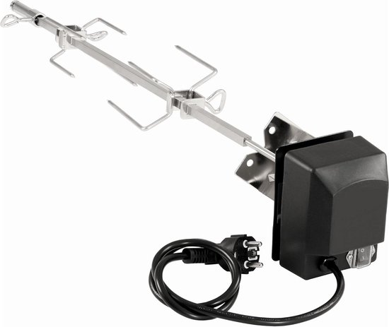 AufuN Draaispies set motor roestvrij staal, gasbarbecue grillspies 107 cm, met 2 vleespennen, 220 V - 240 V elektrische draaispies, voor reizen, kamperen