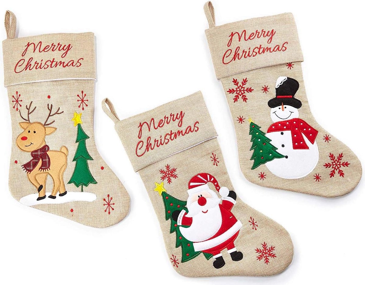 Set van 3 Kerstsokken - Sneeuwman,Sneeuwpop en Rendier - Jute - 41 x 25 x 1 cm