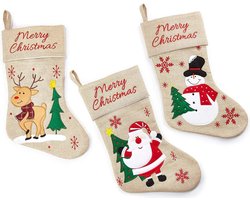 Set van 3 Kerstsokken - Sneeuwman,Sneeuwpop en Rendier - Jute - 41 x 25 x 1 cm