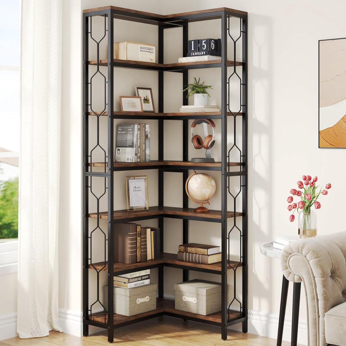 Tribesigns Boekenkast - Hoek boekenkast met 7 Planken - Industrieel - Spaanplaat - Bruin/Zwart - 60 x 60 x 200 cm