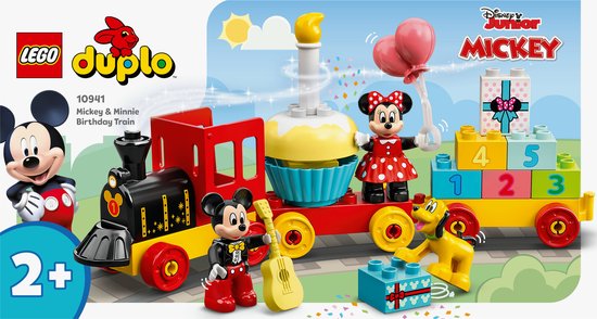 LEGO DUPLO Disney Mickey & Minnie Verjaardagstrein 10941 met Mickey, Minnie, Pluto en een verjaardagstaart.