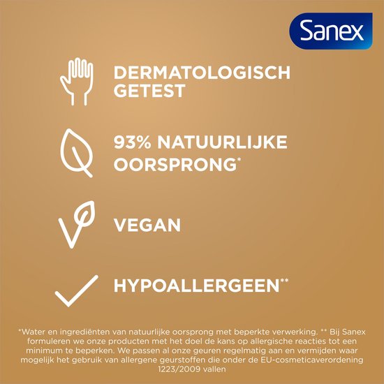 Iconen met tekst: Dermatologisch getest, 93% natuurlijke oorsprong, Vegan, Hypoallergeen. Op een gouden achtergrond.