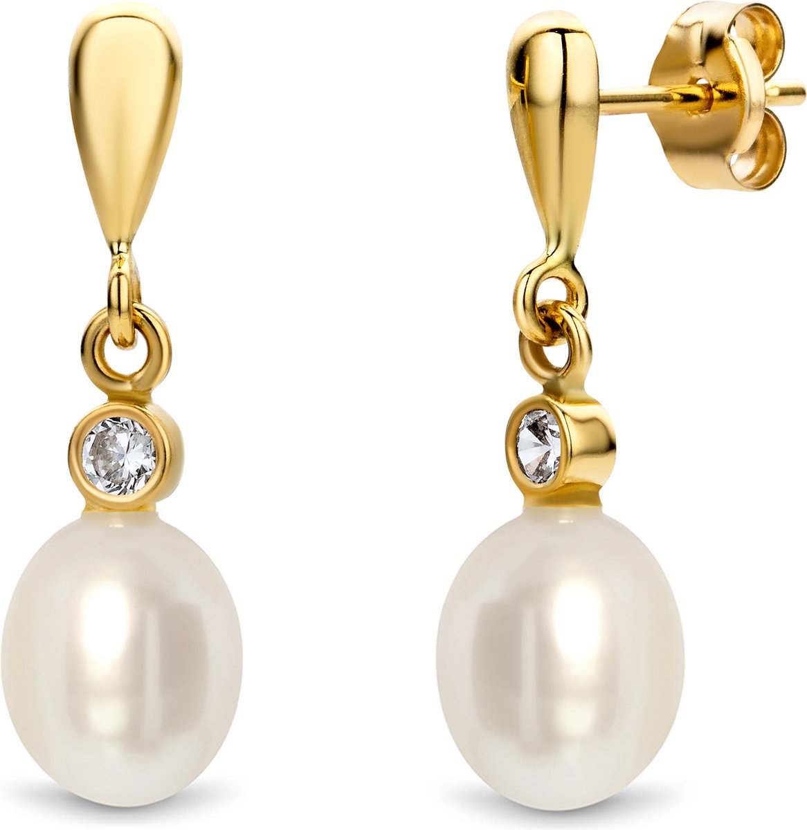 Miore Pure Oorbellen - Gemaakt van 14 Karaat Goud - Met Zoetwaterparels - Handgemaakte Sieraden - Oorhangers - Elegante Dames Sieraden - 6.2 mm