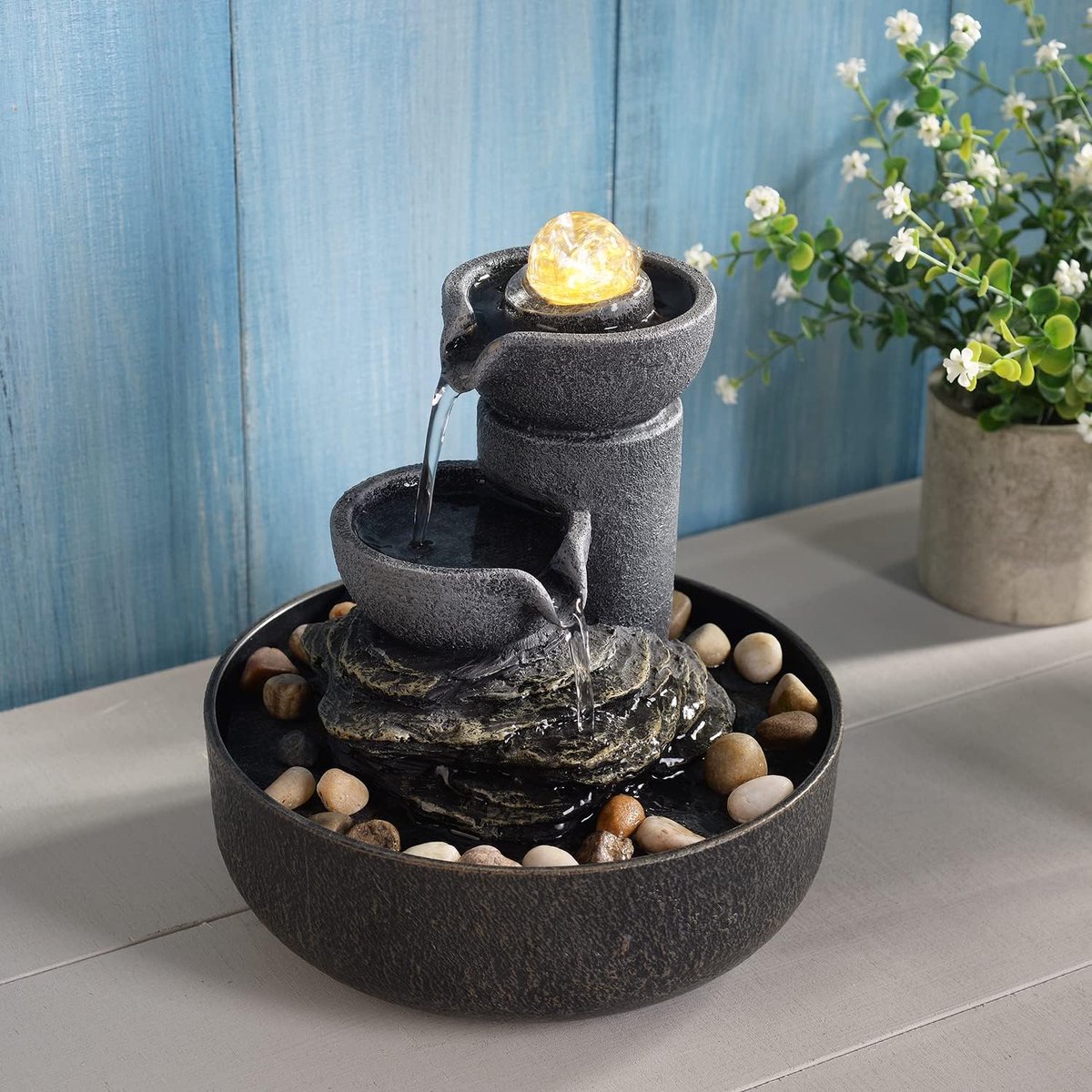 Waterfontein Op Tafel - Waterval Voor Binnen met Rond LED-licht - Keramische Ornamenten - Nevelmaker en Wierookhouder - Ontspanning Waterfontein Voor