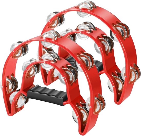 Flexzion Tamboerijn, handtrommel - 2-pack, 25 cm klemkrans met handgreep, muziekinstrument, dubbele rij klemring in halve maanvorm frame, met 20 paar metalen klemmen, rood