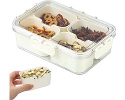 Snackschaal met deksel - kleine snackbox met vakken - snackbord 4 vakken - opbergdoos met deksel - keukenschalen - bankbar - voor Just Spices - feestnoten - snoep