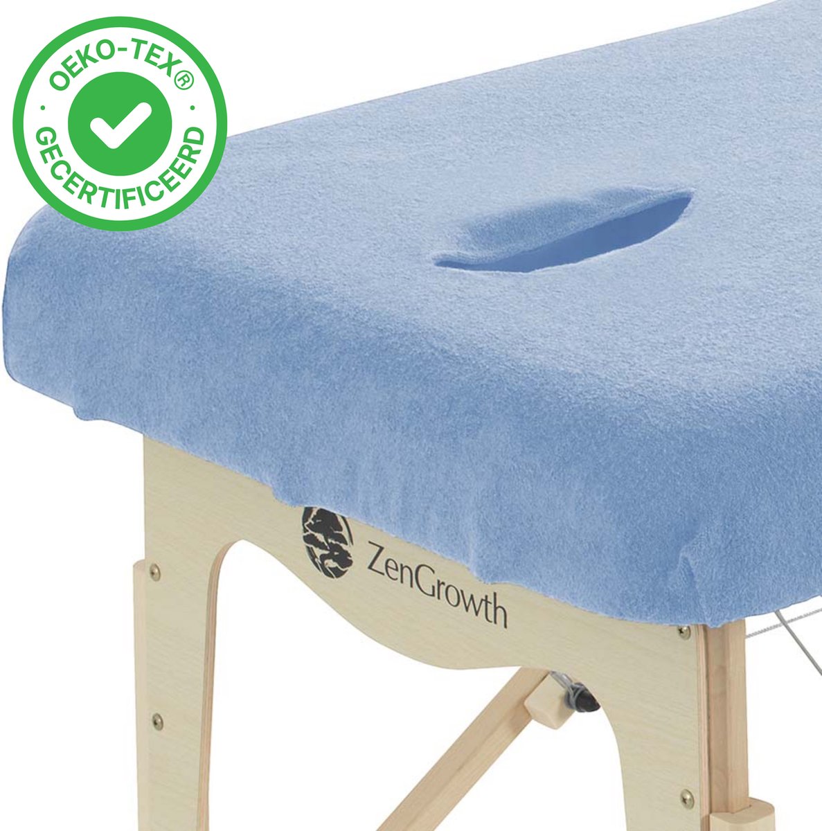 Goedkoopste ZenGrowth® Badstof Hoeslaken Massagetafel Lichtblauw – Met uitsparing – 280 gram/m2 dikte – Geschikt voor massagetafels met lengte 180 tot 185 cm – 63 tot 71 cm breedte – Stretch materiaal