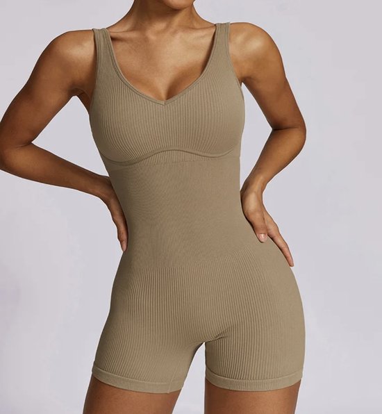 Daily Gym Jumpsuit - Maat L - Zandkleur - Lichtbruin - Gymsuit - Fitness kleding - Sportkleding - Yogasuit — afbeelding 4