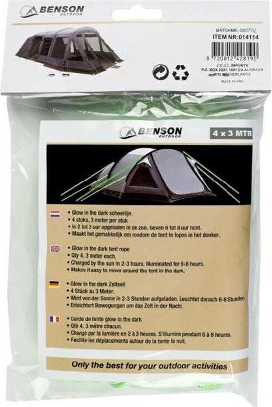 Benson Scheerlijnen/tent haringen touw met gatspanners - set 8x stuks - glow in the dark - 3 meter - voor kamperen - fluor groen van Benson — afbeelding 5