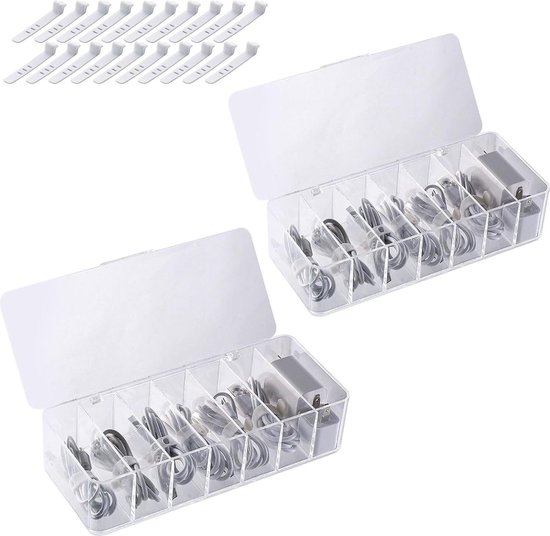 Boîtes de rangement de câbles transparentes - 2 pièces avec 14 compartiments et 20 serre-câbles - boîte de rangement de câbles et chargeurs - rangement de câbles pour le bureau