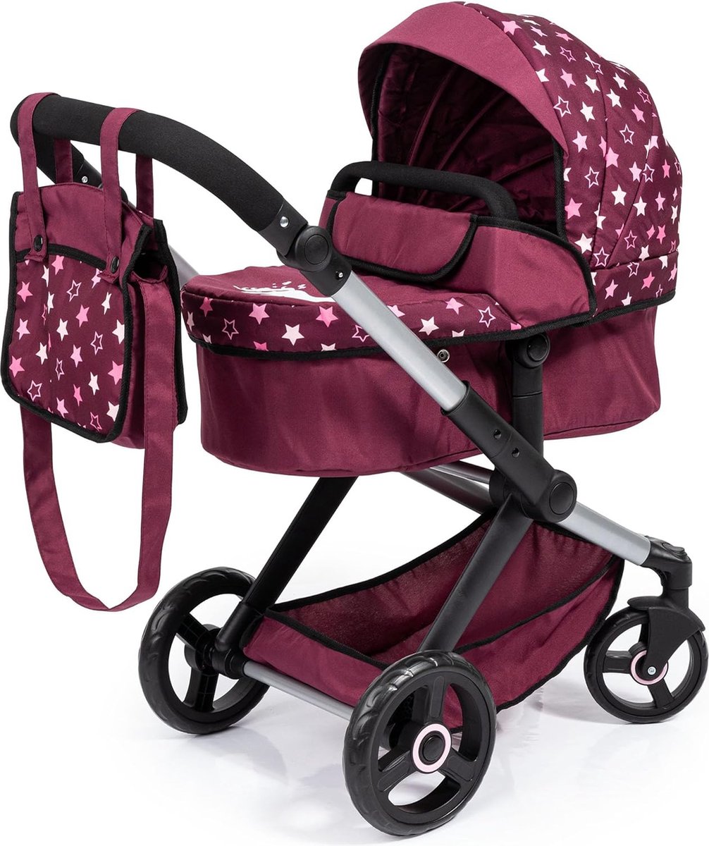Combi Poppenwagen Xeo tas bordeaux roze sterren met verstelbare duwstang