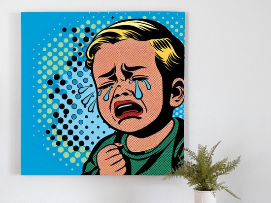 Pop art huilend kind schilderij | Tranen van een jonge pop art rebel in de stad | Kunst - 60x60 centimeter op Canvas | Foto op Canvas