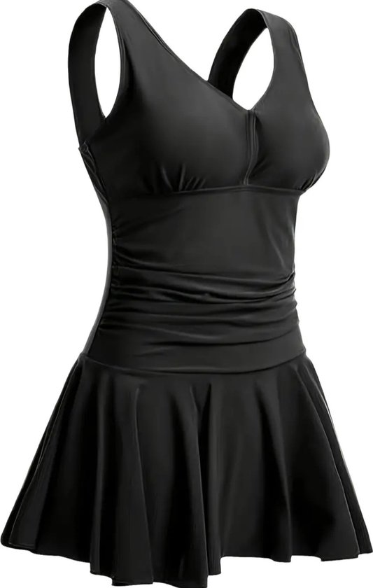 Sexy elegante corrigerende fijne stretch zwart badpak badpakjurk incl short 1 delig maat XXL