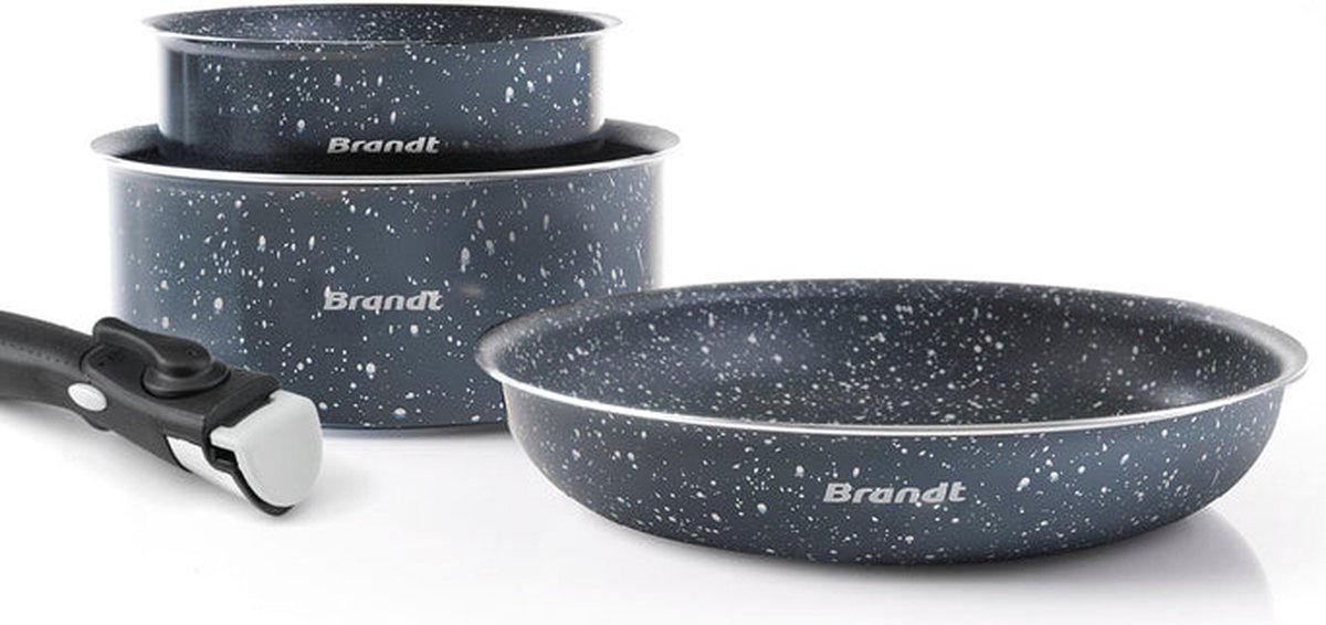 Set van 2 sauspannen 16 + 20 cm en 1 braadpan 24 cm met afneembaar handvat Grijs marmer Zwart