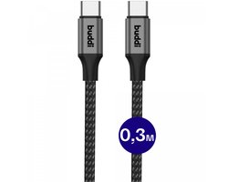 Buddi Flex | USB-C naar USB-C Kabel 60W Fast Charge 20V/3A | Power Delivery | 480Mbps Dataoverdracht | Gevlochten Nylon | o.a geschikt voor iPhone 15 / 16, Samsung S24-Serie en meer | 0,3M | Zwart