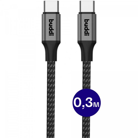 Buddi Flex | USB-C naar USB-C Kabel 60W Fast Charge 20V/3A | Power Delivery | 480Mbps Dataoverdracht | Gevlochten Nylon | o.a geschikt voor iPhone 15 / 16, Samsung S24-Serie en meer | 0,3M | Zwart