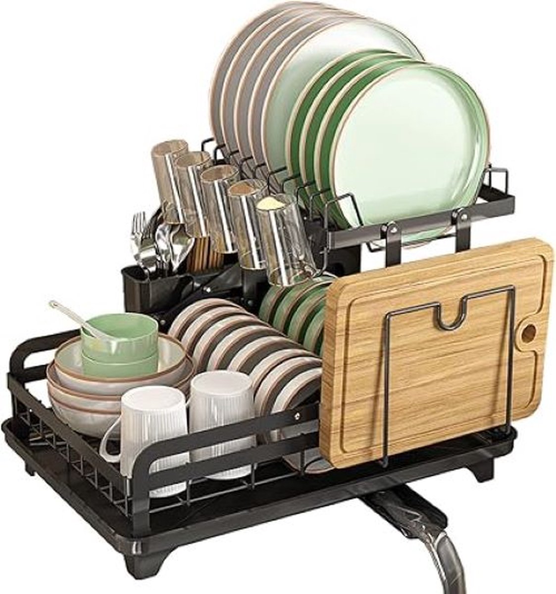 Goedkoopste afdruiprek met lekbak-Afdruiprek Opvouwbaar 2 Laags Afwas Droogrek Metalen Dishes Drying Rack met Snijplankhouder-zwart