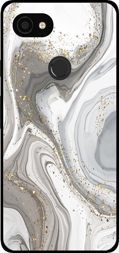 Google Pixel 3A XL hoesje met grijs marmer design en gouden spetters.