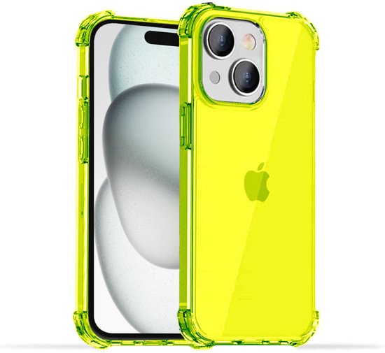 Transparante, neongele, schokbestendige siliconen hoes met verstevigde hoeken, om een iPhone 15.
