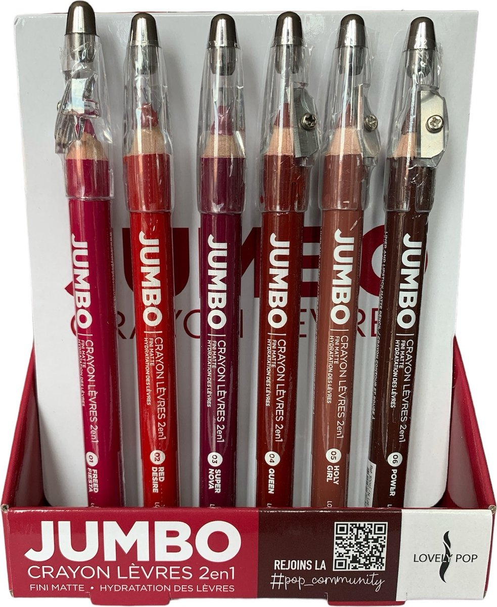Lovely Pop - Set met 6 JUMBO 2 in 1 Matte Lip Liner en Lipstick - Roze - Rood - Paars - Rood Bruin - Licht Bruin - Donker Bruin - Hydraterend - 6 Potloden met puntenslijper