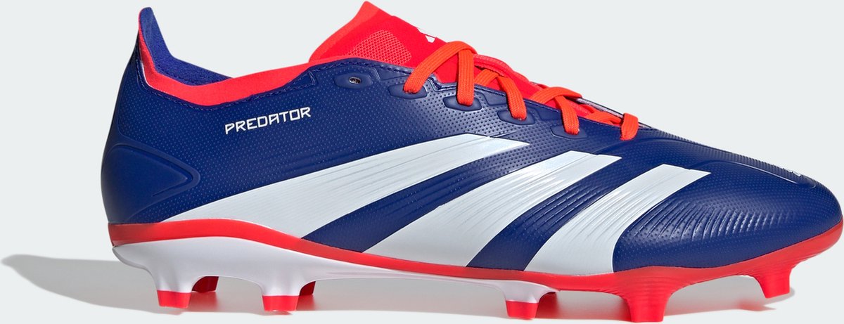 Blauwe adidas Predator League voetbalschoenen met 3D-textuur en rode accenten, maat 44 2/3, voor firm ground.