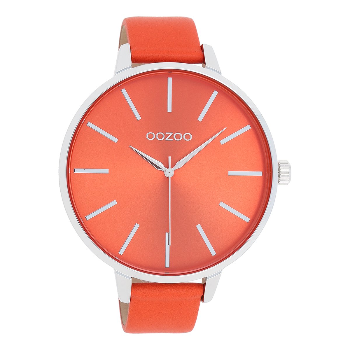 OOZOO Timepieces - Zilverkleurige horloge met oranje leren band - C11071