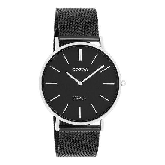 OOZOO Timepieces - Zilverkleurige horloge met zwarte metalen mesh armband - C8865