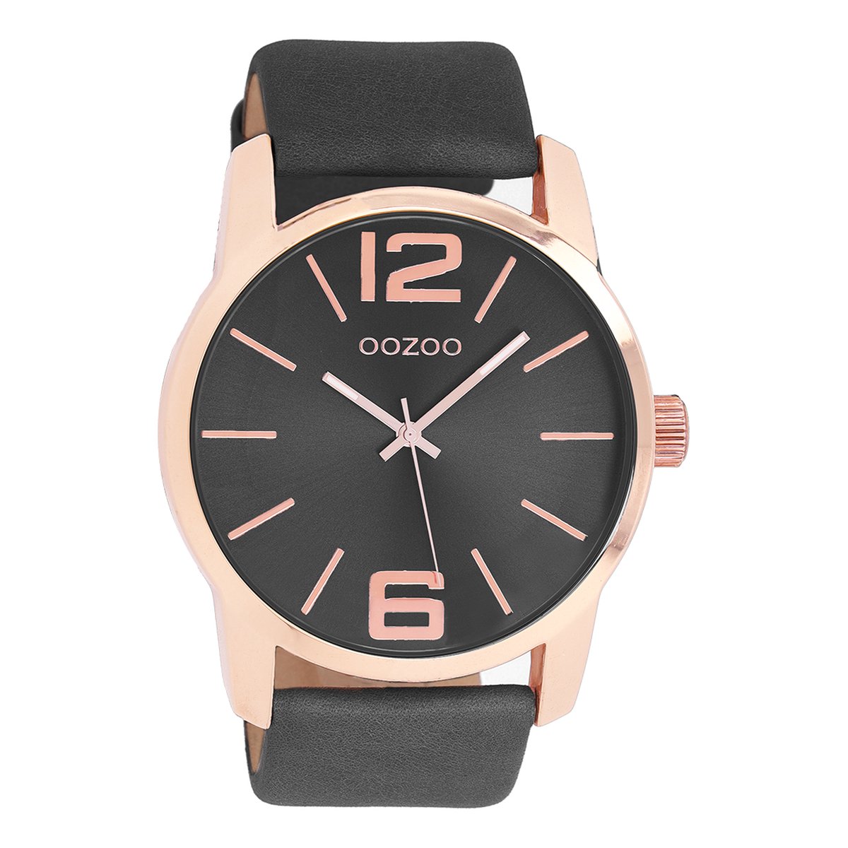 OOZOO Timepieces - Rosé goudkleurige horloge met zwarte leren band - C9734