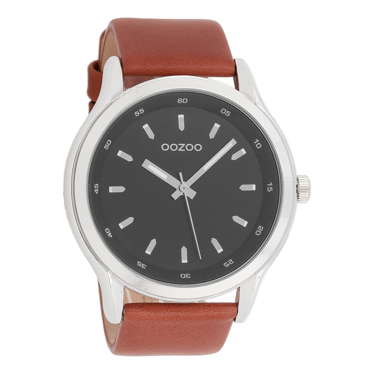 OOZOO Timepieces - Zilverkleurige horloge met cognac leren band - C7431