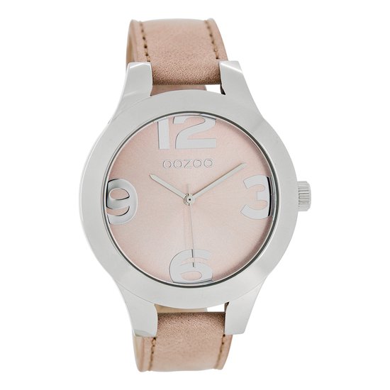 OOZOO Timepieces - Zilverkleurige horloge met zacht roze leren band - C7590