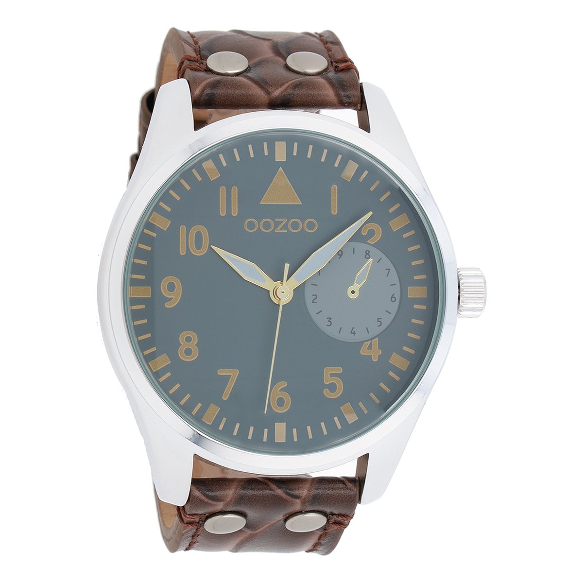 OOZOO Timepieces - Zilverkleurige horloge met bruine leren band - C10327