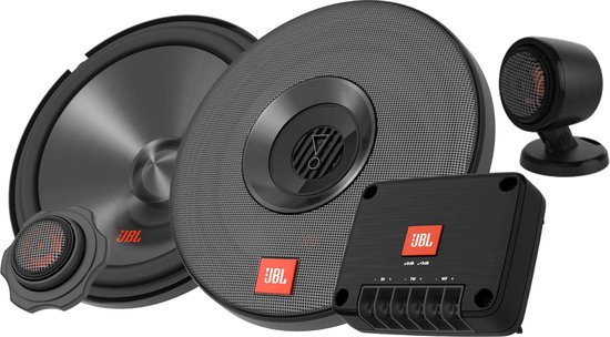 Set JBL autospeakers: woofer, mid/hoog unit en crossover, met oranje logo's.