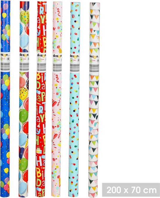 Urban Living Papier d'emballage/papier cadeau - 6x rouleaux - fête/anniversaire - 200 x 70 cm - papier - impressions thématiques