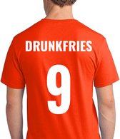 Oranje voetbal EK/WK-shirt met rugtekst Drunkfries + NL Leeuw op borst (wit) | Maat L | Oranje EK/WK-shirt Heren - Oranje EK/WK-shirt Dames - Grappig Oranje shirt