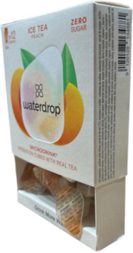 Waterdrop Ice Tea Peach Microdrink doos met 12 servings. Doosje met een dispenser voor de hydratieblokjes.