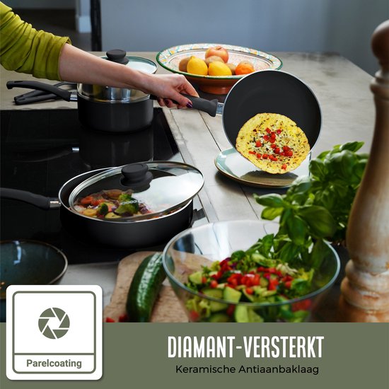 Une poêle avec une omelette cuite est placée sur une assiette.