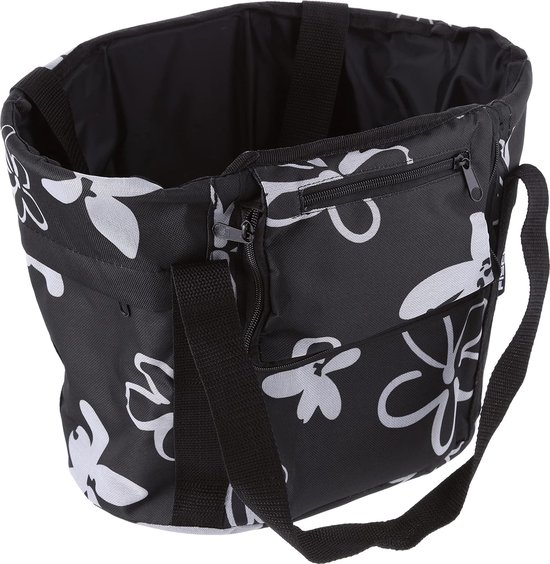 Fischer 86503 Bicycle Basket with Quick Attachment to the Handlebar, Load Capacity 5 kg, Integrated Rain Cover, Black with Flowers