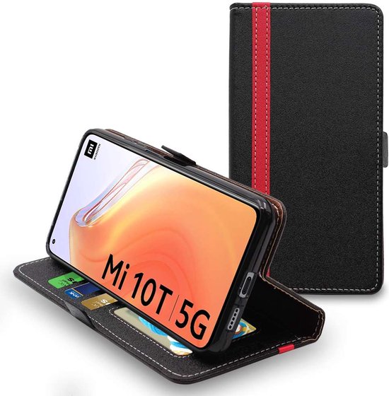 ebestStar - Coque compatible avec Xiaomi Mi 10T 5G, Mi 10T Pro 5G, Etui Portefeuille, Housse Pochette Protection PU Cuir, Porte Carte, Noir / Rouge