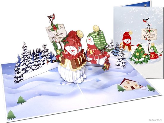 Foto: Popcards pop up kaarten vrolijke 3d kerstkaart met grappige sneeuwpoppen sneeuw merry christmas pop up kaart 3d wenskaart