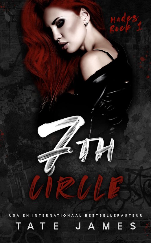 Boekomslag van "Hades 1 - 7th Circle" met een vrouw met rood haar en een leren jas. "Hades Boek 1" en "7th Circle" zijn in grote letters geschreven.
